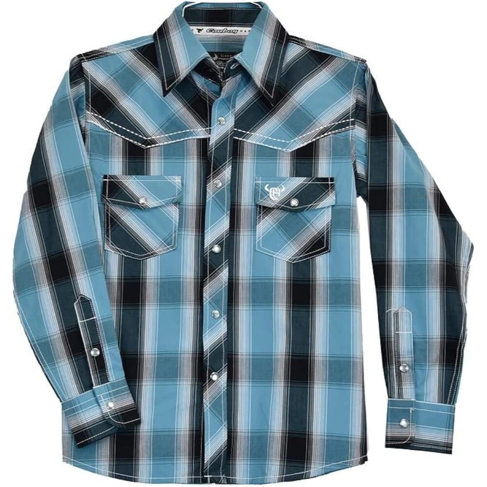 NWOT Cowboy Hardware Boys 100% Cotton Plaid Long Sleeve SNAP Button Down Shirt S